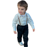 Boy's White and Black 4-Piece Formal Suit Set: Suspenders, Bow Tie & Dress Shirt