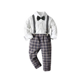 Boy's White and Plaid 4-Piece Formal Suit Set: Suspenders, Bow Tie & Dress Shirt