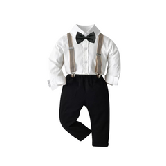 Boy's White and Black 4-Piece Formal Suit Set: Suspenders, Bow Tie & Dress Shirt